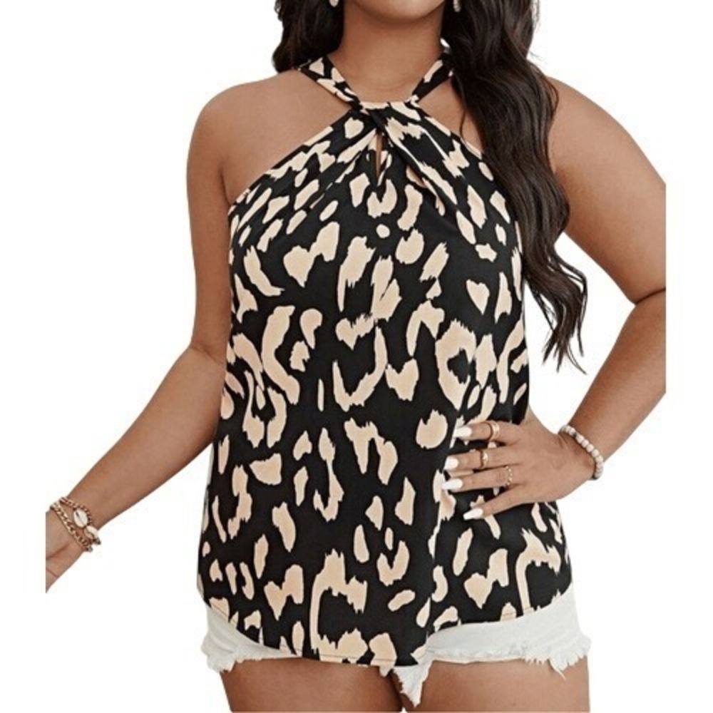 SHEIN Curve Halter Top 1X Animal Print Twist Neck Sleeveless Flowy Tank